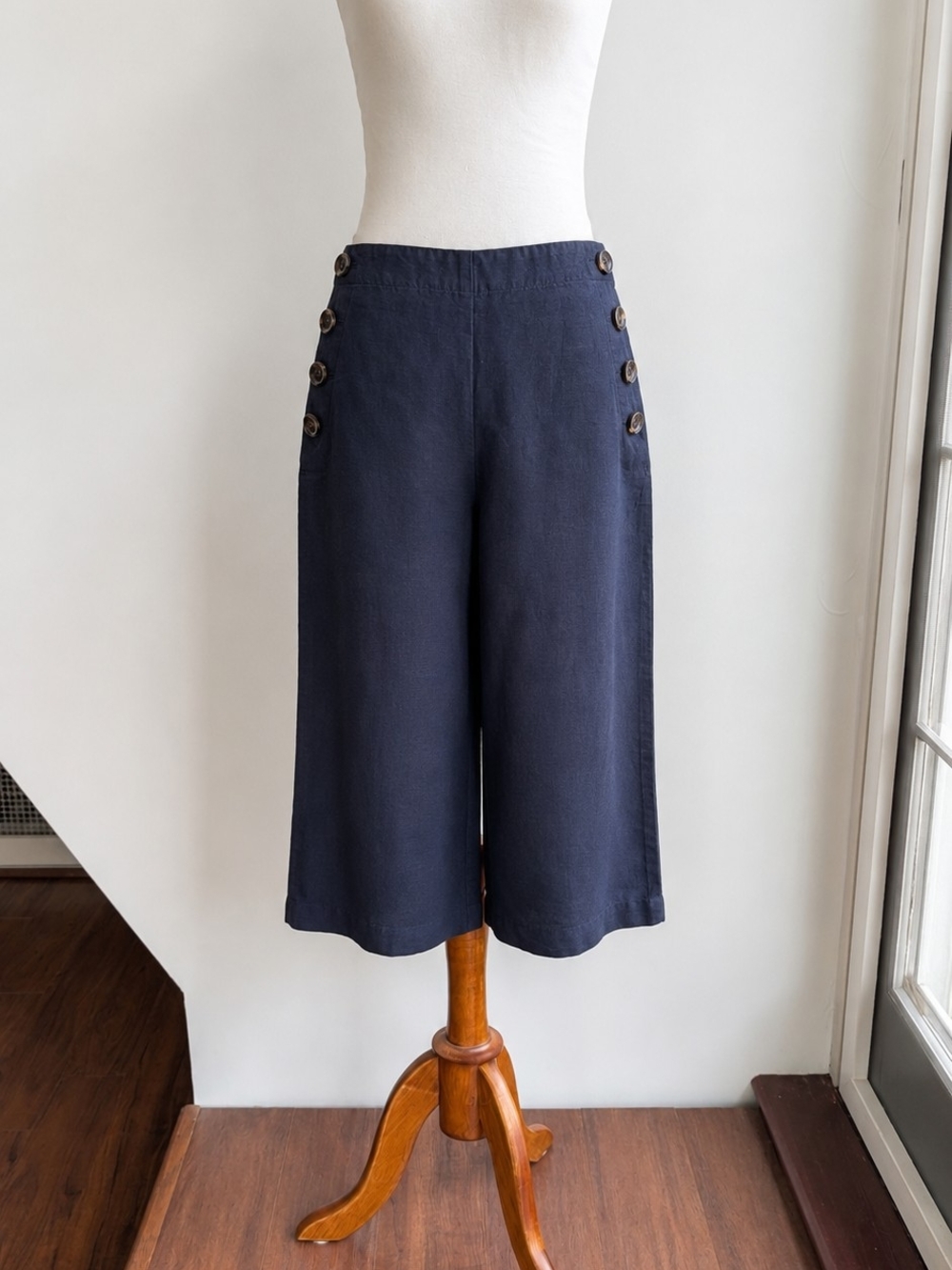Ann Taylor Navy Side-Button Wide-Leg Pants